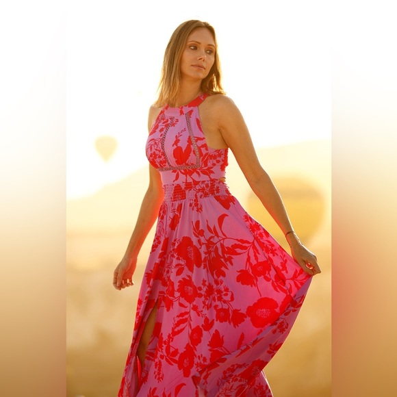 Abel The Label Anthropologie Charlotte Backless Pink Floral Maxi Dress XS tie - Picture 4 of 14